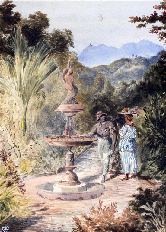 South American School c.1900 Two figures beside a fountain 11.5 x 8.5in.